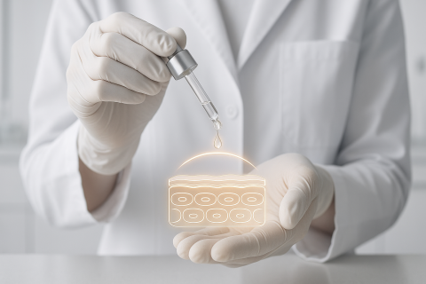 Bàn tay bác sĩ da liễu mang găng trắng đang nhỏ giọt serum trong suốt lên hình minh họa tế bào da phát sáng, trong bối cảnh phòng khám tối giản, sạch sẽ.