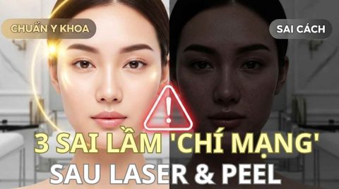 Ảnh so sánh kết quả chăm sóc da sau Laser và Peel: bên trái là làn da căng bóng, sáng khỏe nhờ chăm sóc "Chuẩn Y Khoa", bên phải là làn da sạm đen, lốm đốm do chăm sóc "Sai Cách", với biểu tượng cảnh báo nguy hiểm ở giữa.