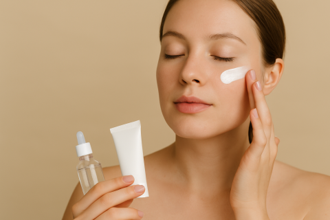 Người phụ nữ trẻ đang thoa kem chống nắng lên má, tay cầm chai serum và tuýp kem