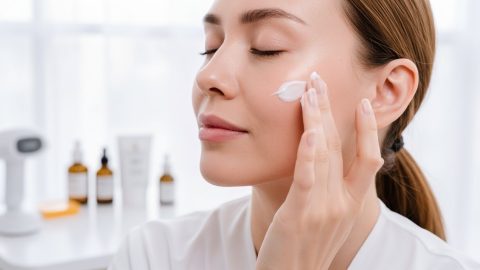 Chăm sóc da sau Laser Nd:YAG, CO2 và Peel da: Người phụ nữ đang thoa kem dưỡng phục hồi, cấp ẩm dịu nhẹ trong quy trình chuẩn y khoa.