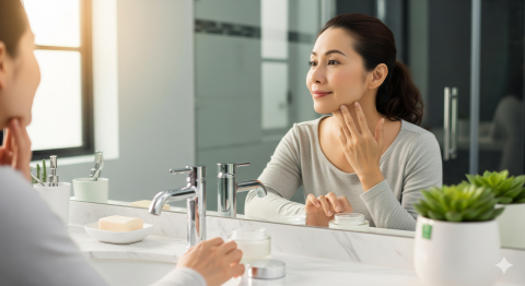 Phụ nữ trung niên lo lắng về làn da chảy xệ và tìm hiểu về công nghệ RF trẻ hóa da không xâm lấn.