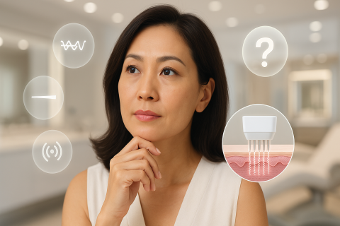 Người phụ nữ Việt Nam khoảng 40 tuổi, vẻ ngoài thanh lịch, đang chạm nhẹ vào cằm và suy nghĩ về việc lựa chọn phương pháp làm đẹp công nghệ cao, xung quanh là các biểu tượng HIFU, Laser, RF và dấu hỏi.