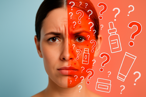 Cận cảnh gương mặt người phụ nữ, một nửa da s&aacute;ng mịn, nửa c&ograve;n lại phủ đầy dấu hỏi đỏ v&agrave; biểu tượng mỹ phẩm.