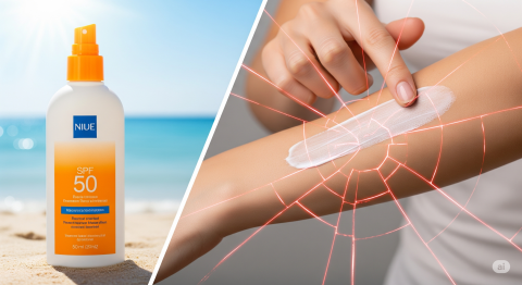 Sai lầm khi dùng kem chống nắng: hình ảnh so sánh chai kem SPF 50 và việc thoa quá ít khiến lớp bảo vệ bị phá vỡ.