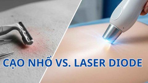 Cận cảnh đầu máy triệt lông Laser Diode phát tia sáng đỏ và công nghệ làm mát icy blue trên làn da mịn màng.
