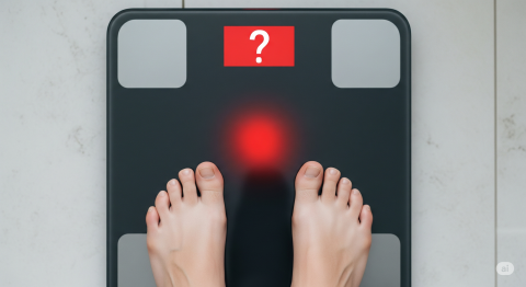 Nhìn từ trên xuống đôi chân của một người đang đứng trên cân điện tử. Màn hình của cân không hiện số mà hiện một dấu chấm hỏi màu đỏ.