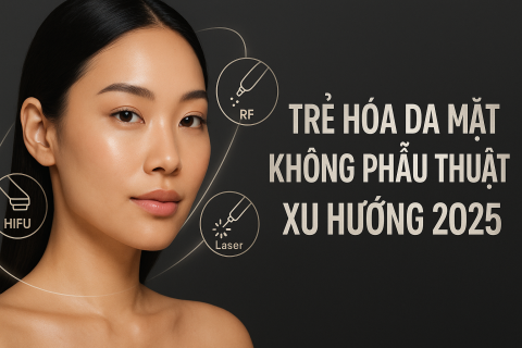Trẻ hóa da mặt không phẫu thuật năm 2025 với hình ảnh người phụ nữ châu Á da sáng mịn, biểu tượng công nghệ HIFU, RF và Laser.